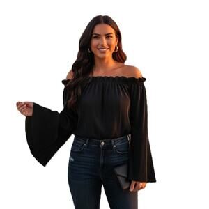 J.O.A. Pleated Accordion Off The Shoulder Top Blouse Black Long Sleeve Size XS